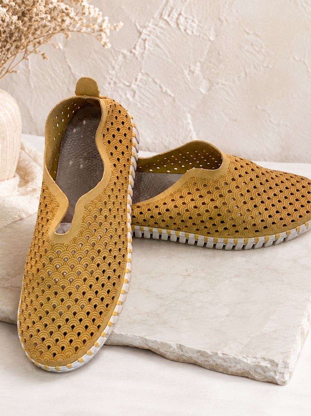 Ilse Jacobsen Tulip Perforated Yellow Slip-On Shoes